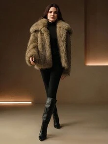 Anewsta 秋冬新款百搭芥末黄宽松翻领长袖毛茸茸外套