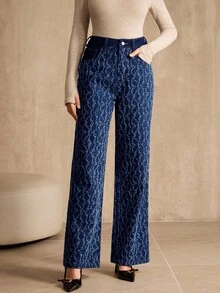 Anewsta 女士新款提花面料蓝色牛仔直筒裤 - 藍色 - 查看 4