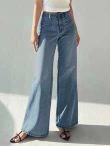 DAZY 女士水洗浅色长款牛仔裤，四季皆宜 - 深色水洗藍 - 查看 6