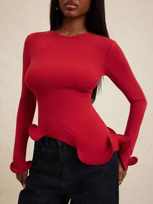 NYA SZN 长袖不对称修身上衣，适合特殊场合，如婚礼宾客、生日、约会、外出、可爱优雅的教堂早午餐、秋季节日嘉年华等，女士必备单品 - 紅色 - 查看 5