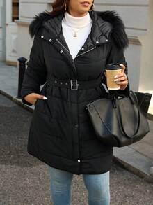 SHEIN Essnce 大码女装秋冬时尚休闲舒适日常保暖连帽收腰黑色中长款外套，女士冬装，曲线冬装 - 黑色 - 查看 2