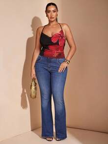 SHEIN BAE Plus Size Casual Minimalist Draped Neck Blue Floral Print Tie Front Fitted Blouse, Suitable For Vacation, Beach, Spring Break Girls Trip, Back To School Beach Wear/Tank Top/Holiday Vest, Suitable For Early Autumn/Back To School/Going Out /Festival Outfits Women/Autumnfall/Wedding Guest Dress Women Plus Size/Formal Dresses For Women/Top For Women Elegant/Summer Top /Birthday Cami/Homecoming Top/Off Shoulder/Halloween Costume/Club Outfits Women Sexy/Christmas/Plus Size Top/Red Top