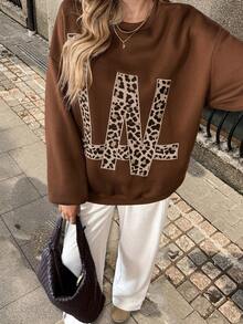 Elyressa Leopard & Letter Graphic Drop Shoulder Sweatshirt Fall Cloth For Women - Coffee Brown - View 3