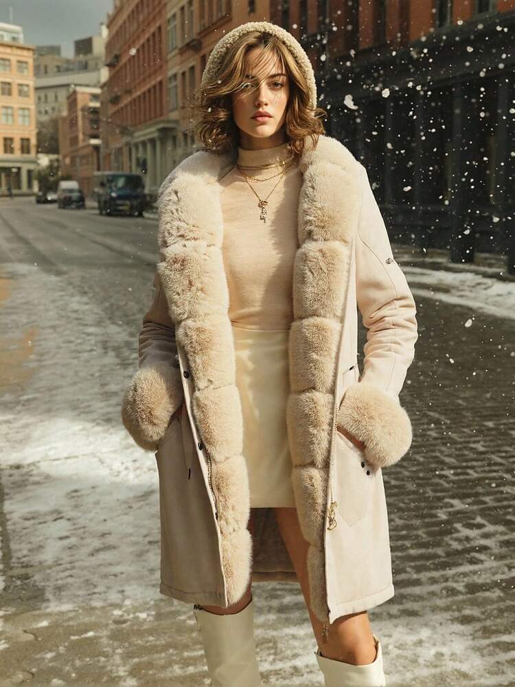 Abrigo parka con cintura ceñida, forro acolchado, cuello de piel larga y esponjosa, ropa de abrigo para mujer