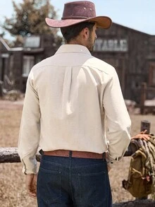 Manfinity Nomadique Men's Casual Solid Color Long Sleeve Shirt Button-Down Shirt Music Festival, Nightclub Bar, Boyfriend/Husband Gift, Beige Men Western Shirt Men Western Shirts Western Wear For Men Cowboy Shirts Men Rodeo Shirt Men, Fall - Beige - View 2