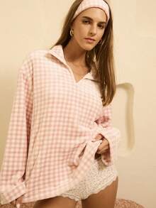 Aralina 舒适柔软抓绒格纹四分之一拉链长袖睡衣上衣，秋冬款，蓬松柔软 - 彩色 - 查看 4