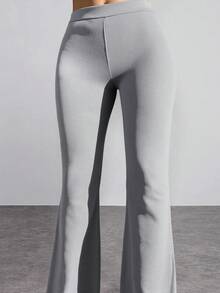 EURMUSE Women's Solid Color Elastic Waist Ribbed Casual Flare Pants - Grey - View 3