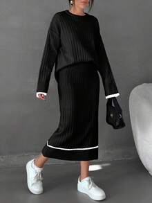 EURMUSE Women Striped Detailed Sweater Long Skirt Set Co-Ords - Black - View 5