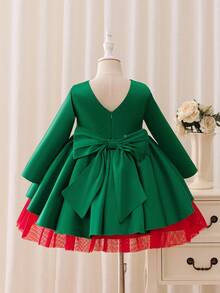 Glamorique Kids 1pc Girls' Christmas Dress,Green Satin Long Sleeves,Red Tulle Skirt,Detachable Bow Decor,Fall Winter Emerald Elegant Party,Sage Green,Summer - Green - View 9