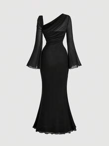 SHEIN MOD 女式不对称肩部喇叭袖黑色蝴蝶结金属扣鱼尾连衣裙 - 黑色 - 查看 2