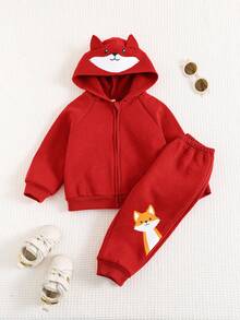 Cozy Pixies 2件套男婴卡通狐狸耳朵连帽外套和慢跑裤套装 - 紅色 - 查看 5