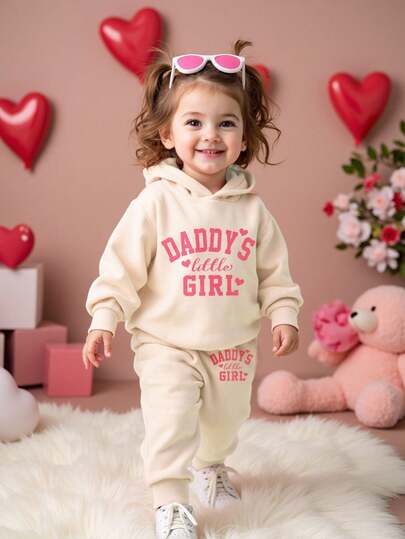 SHEIN Bộ quần áo 2 món in hình bé gái của bố, áo hoodie dệt kim mềm mại và quần dài vừa vặn, thường ngày