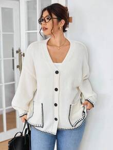 SHEIN Frenchy Cardigan Rajut Santai Kasual Minimalis Ukuran Plus Serbaguna Gaya Urban Chic untuk Wanita/Musim Dingin/Musim Dingin - Krem - View 6