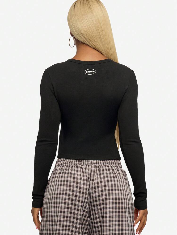 SUMWON WOMEN Long Sleeve Waffle Henley With Buttons