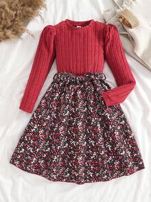 SHEIN 1 chiếc váy dài tay cổ tròn họa tiết hoa chắp vá chải kỹ cho bé gái, ngọt ngào và nữ tính, mùa thu - Đỏ - Xem 3