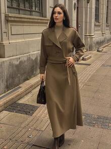 DAZY Women's Solid Color Loose Lapel Shoulder Strap Belt Cuff Double-Breasted Outdoor Jacket & A-Line Skirt Casual Street Suit, 2-Piece Set, Autumn/Winter