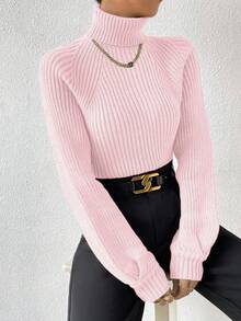 RosyDaze Women's High Neck Solid Color Raglan Sleeve Knitted Casual Long Sleeve Ribbed Sweater - Baby Pink - View 3