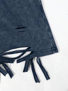 Manfinity EMRG Men's Solid Color Drawstring Waist Pocket Distressed Loose Casual Shorts - Blue - View 6