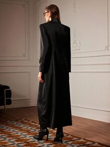 Chiquease Women's Black Woven Straight Long Blazer Jacket, Suitable For Commuting, Autumn/Winter - Black - View 2