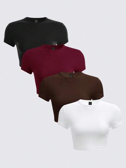 SHEIN BASICS Set de 4 camisetas de mujer de punto de unicolor, cuello redondo, manga corta y ajustadas en la cintura