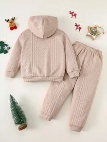 SHEIN 2 件儿童男童休闲百搭圣诞鹿角连帽运动衫和宽松运动裤套装，卡其色，适合学校、花园、派对、户外、秋冬 - 卡其色 - 查看 6