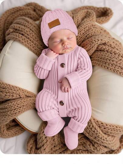 SHEIN Newborn Baby Girl Cute Knitted Jumpsuit With Footies And Hat Set, Versatile For Autumn/Winter Newborn Baby Photoshoot Outfit Newborn Sweater Romper Newborn Going Home Outfit Baby Knit Jumpsuit Newborn Knit Outfit Fall