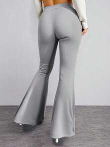 EURMUSE Women's Solid Color Elastic Waist Ribbed Casual Flare Pants - Grey - View 2