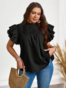 SHEIN LUNE Áo kiểu tay ngắn hai lớp cỡ lớn, đính sequin, thích hợp cho tiệc tùng hoặc dịp lễ. - màu đen - Xem 1