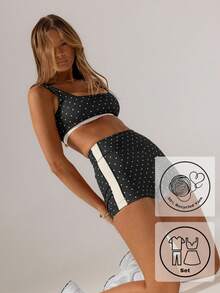 Aralina 休闲装对比波尔卡圆点套装可爱夏季短裤和可爱夏季上衣完美的机场装，适合女性和 7 月 4 日 - 黑與白 - 查看 6