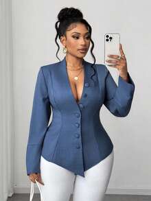Maweii Plus Size Women Deep V Sexy Bodycon Long Sleeve Blouse, Elegant Office Wear For Spring & Autumn - Blue - View 6