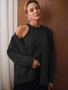 MOTF PREMIUM 羊毛纯色露背针织上衣和落肩宽松开衫套装 - 灰色 - 查看 9