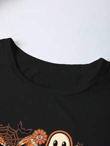 EMERY ROSE Halloween Pumpkin Ghost Print Plus Size T-Shirt - Black - View 3