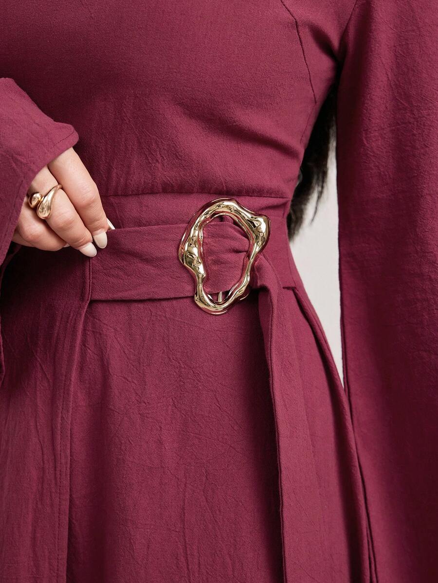 Veilorie 系带收腰装饰纽扣棉麻舒适复古日常休闲长袖连衣裙，秋季 - 酒紅色 - 查看 1