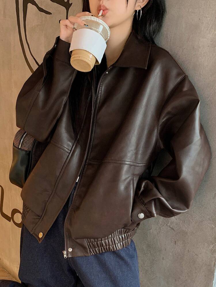 Women Tall Size Turndown Collar PU Leather Casual Jacket