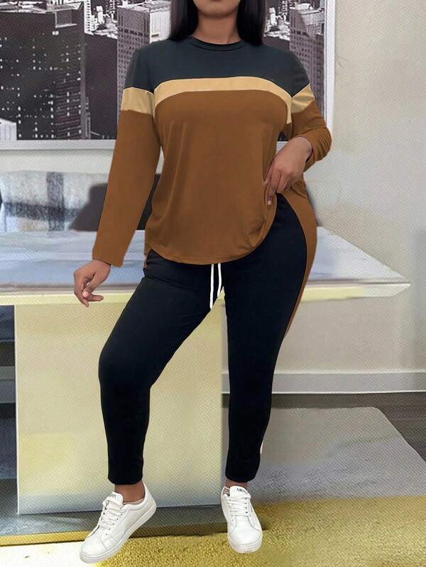 EMERY ROSE Set 2 piese top și pantaloni casual cu model patchwork, mărime plus, toamnă