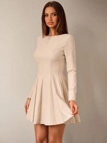 SHEIN BAE 杏色长袖修身荷叶边下摆迷你连衣裙，适合日常穿着、约会、派对、优雅鸡尾酒会、浪漫约会、聚会、正式活动、伴娘礼服、晚间外出 - 杏色 - 查看 4