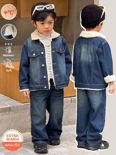 SHEIN Little Byeori 2 件套年轻男孩蓝色牛仔羊毛领长袖夹克和宽松厚裤套装，适合秋冬外出