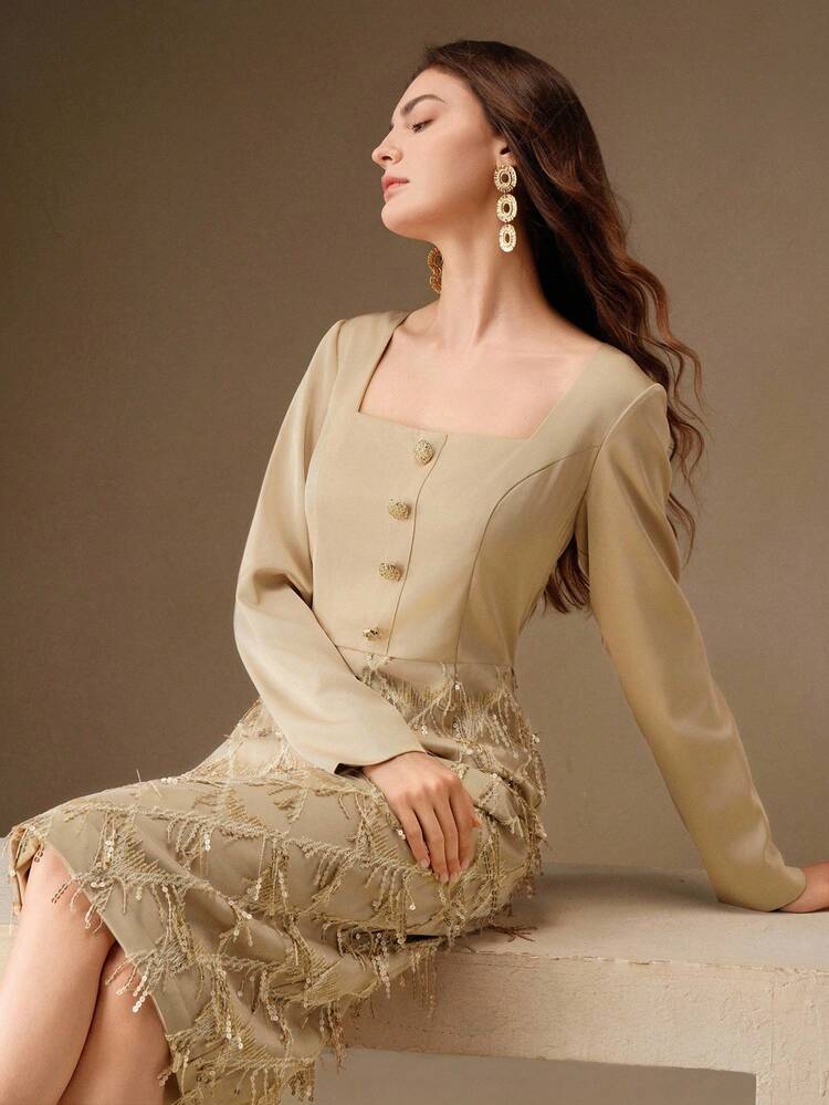 New Elegant Patchwork Fringe Fabric Women's Dress, Suitable For Fall, Autumn, Winter, Elegant, Chic, New Year, Casual, Christmas