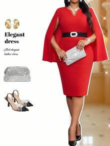 Fleurora Robe de soirée élégante à manches fendues pour femmes grandes tailles - Rouge - Voir 1