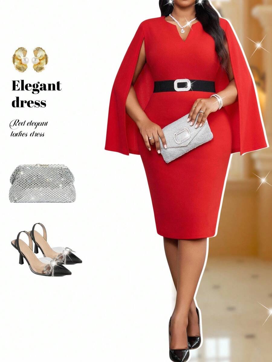 Fleurora Robe de soirée élégante à manches fendues pour femmes grandes tailles - Rouge - Voir 1