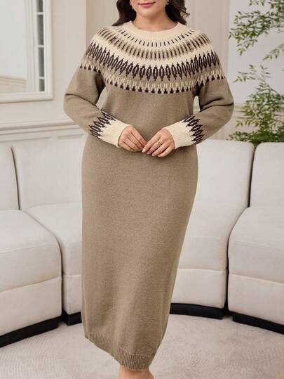 Modelyn Plus Size Geometric Pattern Knit Dress, Casual For Autumn/Winter
