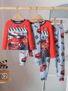 2pcs Baby Boy Punk Racing Car Graphic Knit Crew Neck Long Sleeve Top And Snug Fit Pants Set, Autumn/Winter Fall - Multicolor - View 4