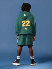 SUMWON Tween Los Angeles Track Team Matching Hoodie Sweatshirt And Shorts Set With Varsity Graphics And Side Pockets Winter Co-Ord Set With Drawstring Waist Fall - Green - View 2