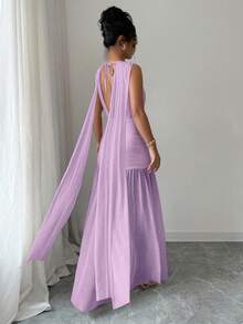 Selianne 女式纯色无袖优雅露背修身开叉连衣裙 - 淡紫色 - 查看 2