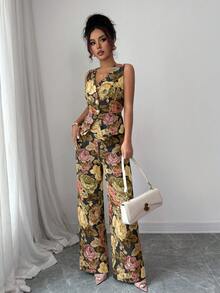 Elenzga 女士优雅黄色花卉两件套，春/秋/冬 - 黑色 - 查看 3