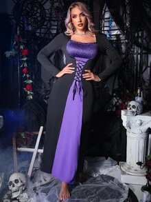 Women's Skull Print Square Neck Tie-Up Design Costume Dress  Cozy And Elegant Details - Black - View 3