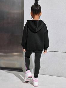 SHEIN Young Girl Casual Street Thermal Lined Hoodie And Fitted Sweatpants Set Winter Halloween Costumes Winter Fall - Black - View 2
