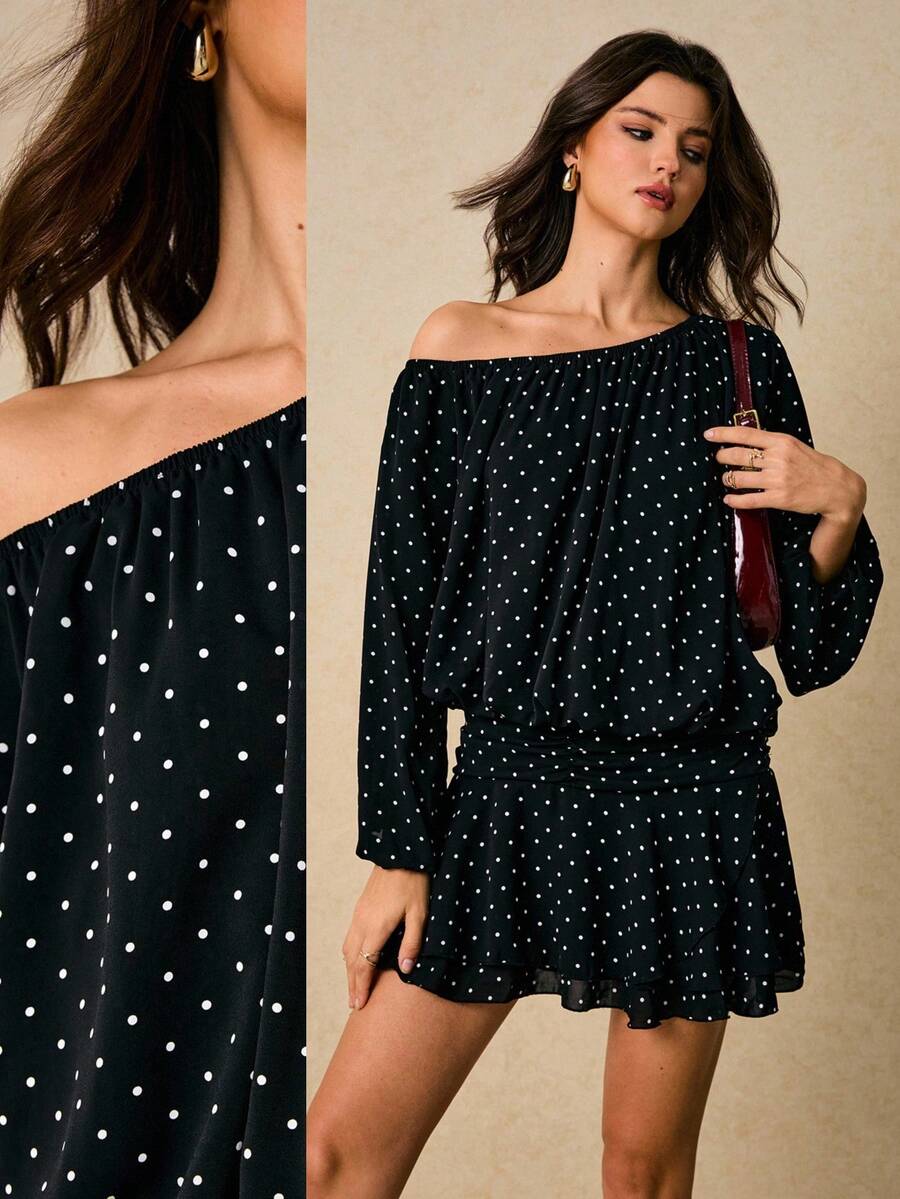 Poéselle 女式圆点印花露肩灯笼袖荷叶边下摆时尚迷你连衣裙 - 黑色 - 查看 1