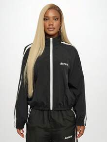 SUMWON WOMEN Women Windbreaker Track Jacket Full Zip Up White Stripe Running Light Weight Stand Collar Casual Outerwear Fall Spring Fashion Streetwear - Black - View 5