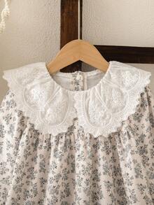 SHEIN Genkimix Kids 1 件女童少女碎花宽松长袖连衣裙，优雅领口花朵设计，秋季休闲百搭连衣裙 - 杏色 - 查看 5